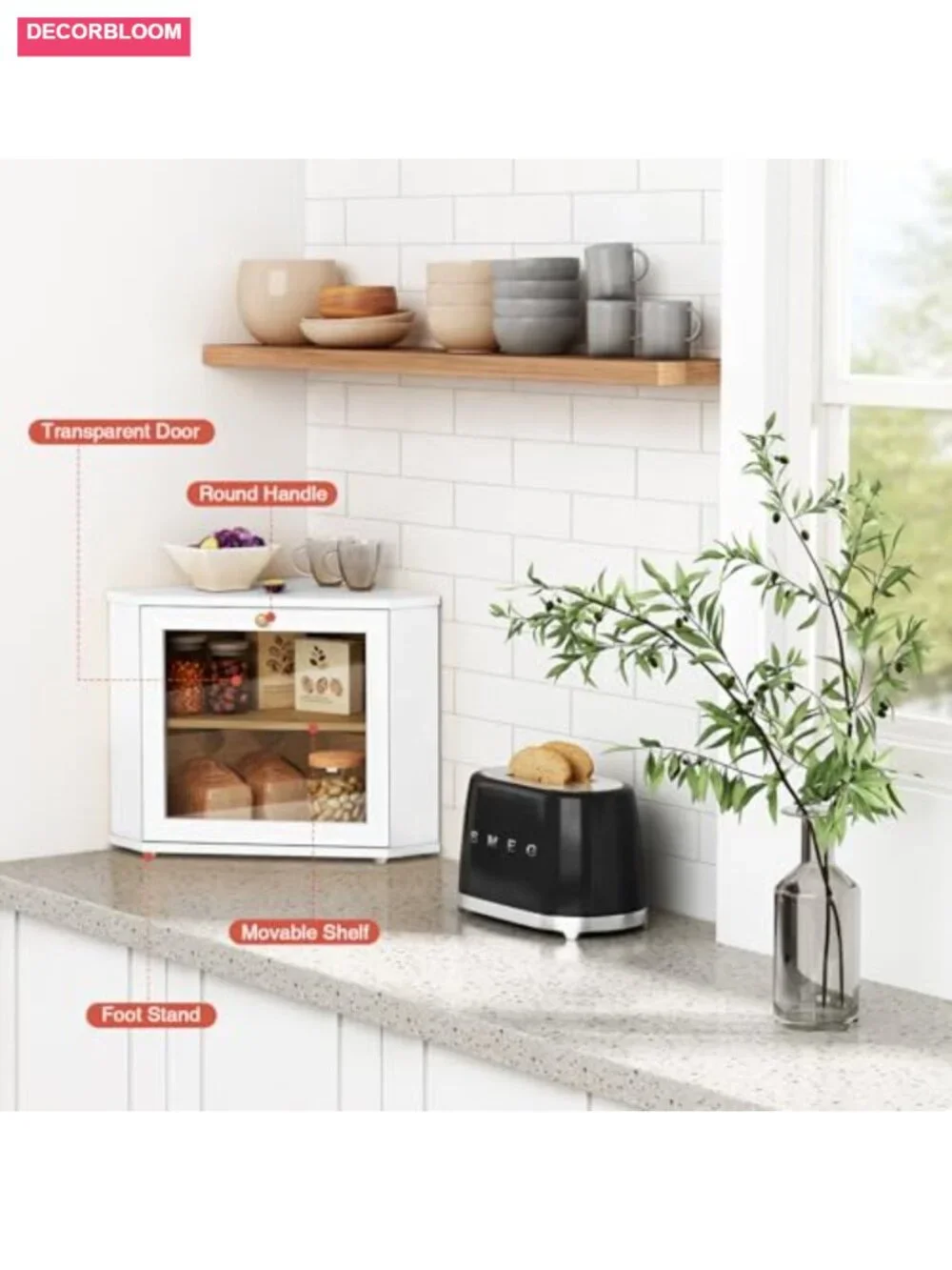 Corner Bread Box Double Layer Bamboo Kitchen Storage with Acrylic Window